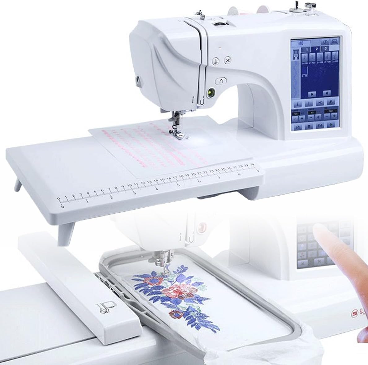 GLETSF Stickmaschinen, Schwarz, Stickmaschine mit LCD-Touchscreen, 158 integrierte Designs, 210 Buchstaben und 30 Bordüren für einfaches Nähen