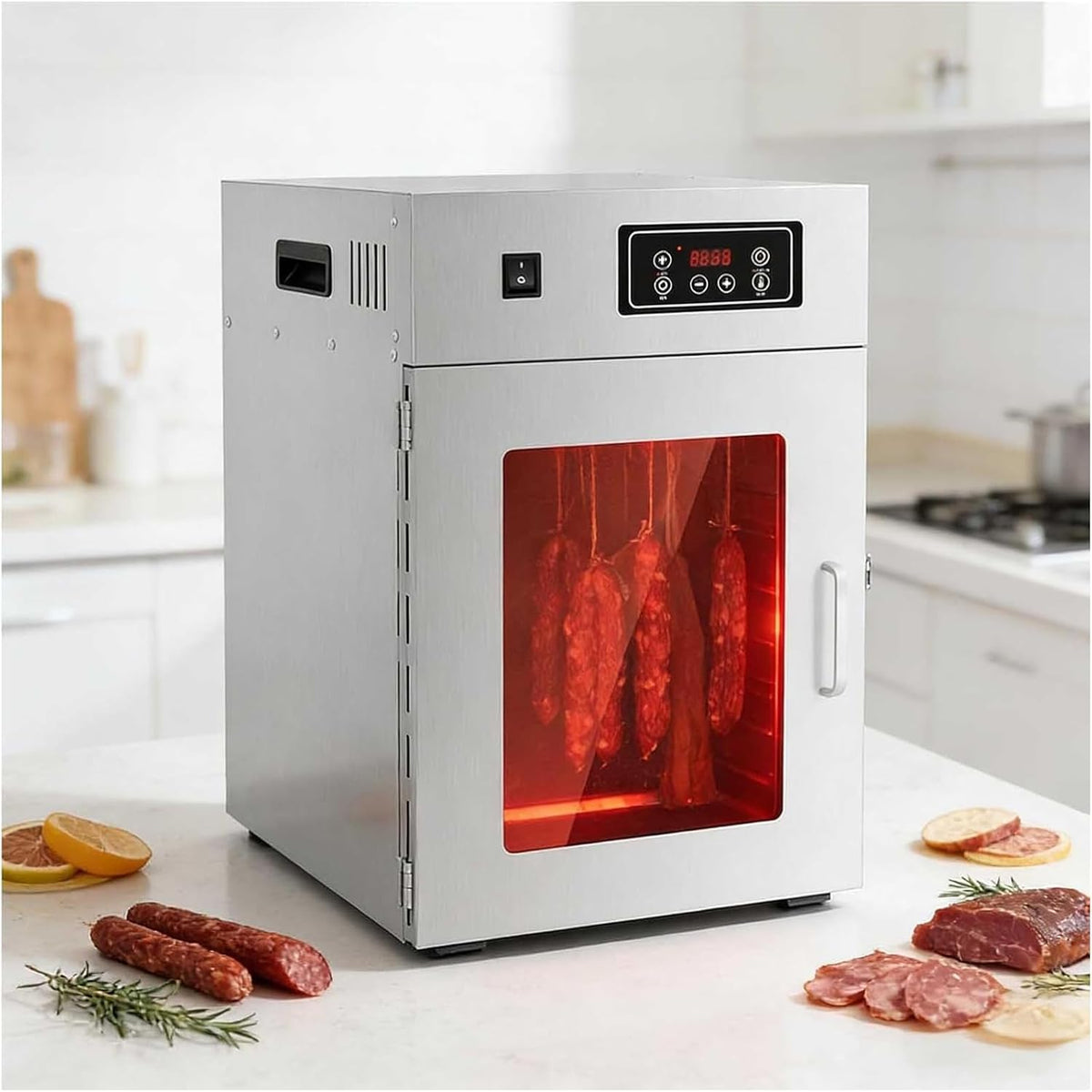 KUSOLE Dörrautomaten, 800 W, Silber, Gewerblicher Lebensmitteltrockner , 15-kg-Drehfleischtrockner, Edelstahl-Fleischreifungskammer