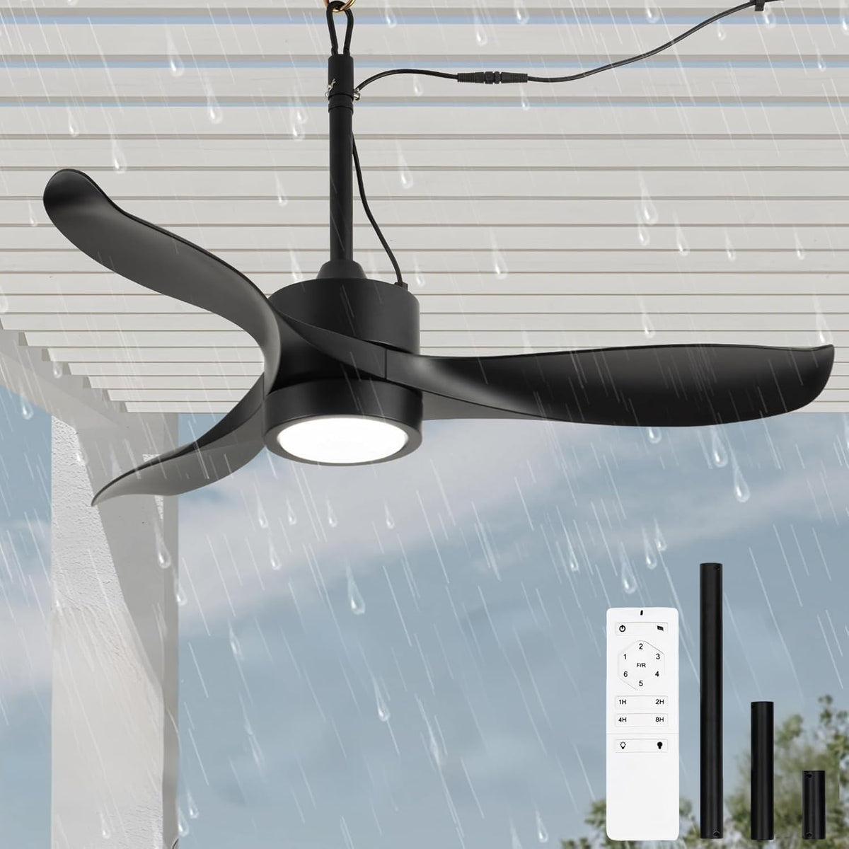 KZT Deckenventilator, 106CM, Weiß, Outdoor mit Beleuchtung und Fernbedienung IP65 Wasserdicht