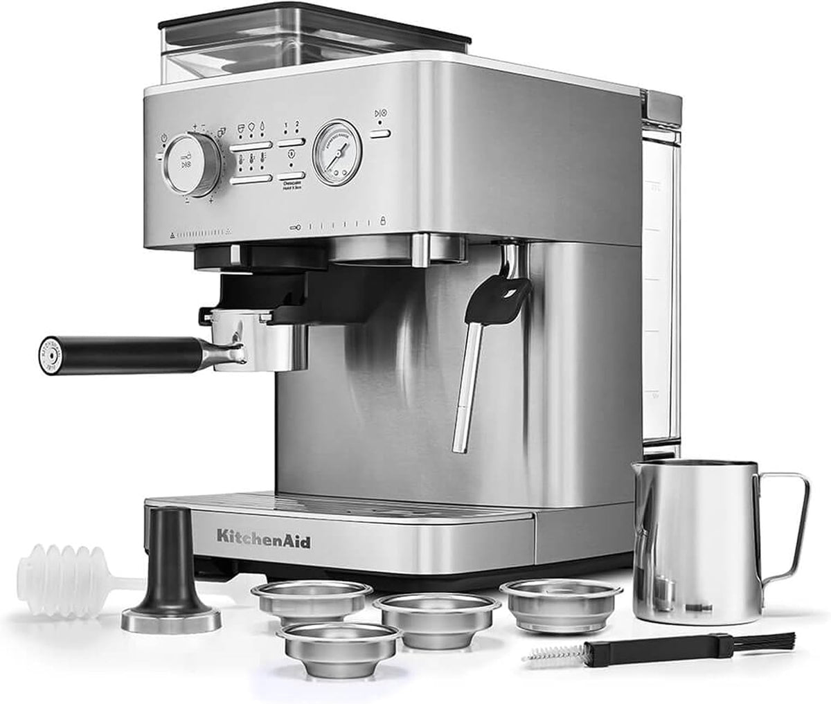 KitchenAid Kaffeemaschine, Silber, mit mahlwerk I Halbautomatische Espressomaschine I, Milchkännchen, Bohnenbehälter (Edelstahl)