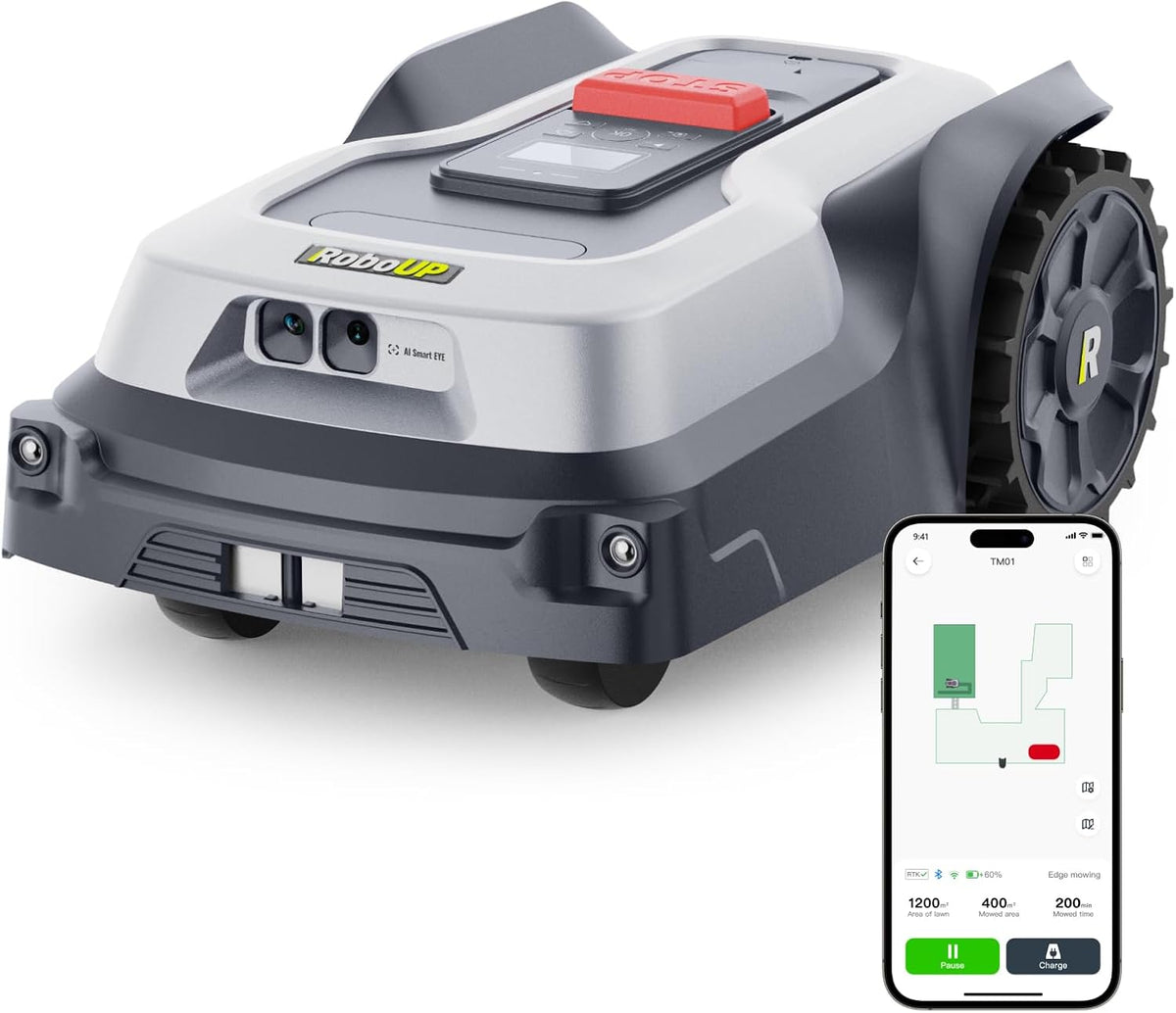 RoboUP Mähroboter, Schwarz, T1200Pro Ohne Begrenzungskabel, Bis 1500㎡, RTK Gesteuerter Rasen mit KI-Kamera, Smarte Kartierung u. Routenplanung
