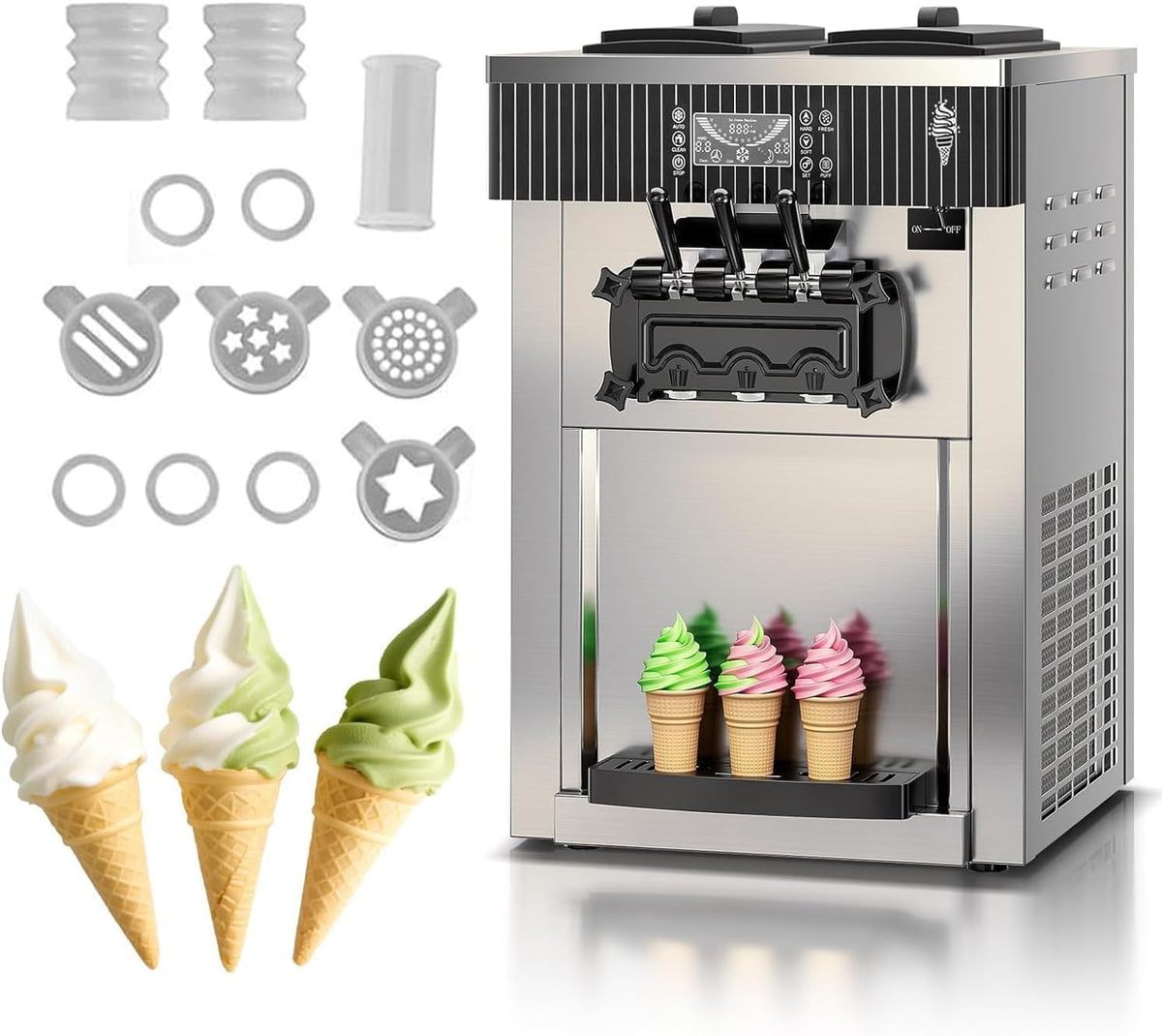 Sihao Eismaschine, 2200 W, 28 L, 6 L, Schwarz, Kommerzielle, Kommerzielle Soft, Gewerbliche Eiscrememaschine mit 3 Aromen & 2 x & LED-Panel