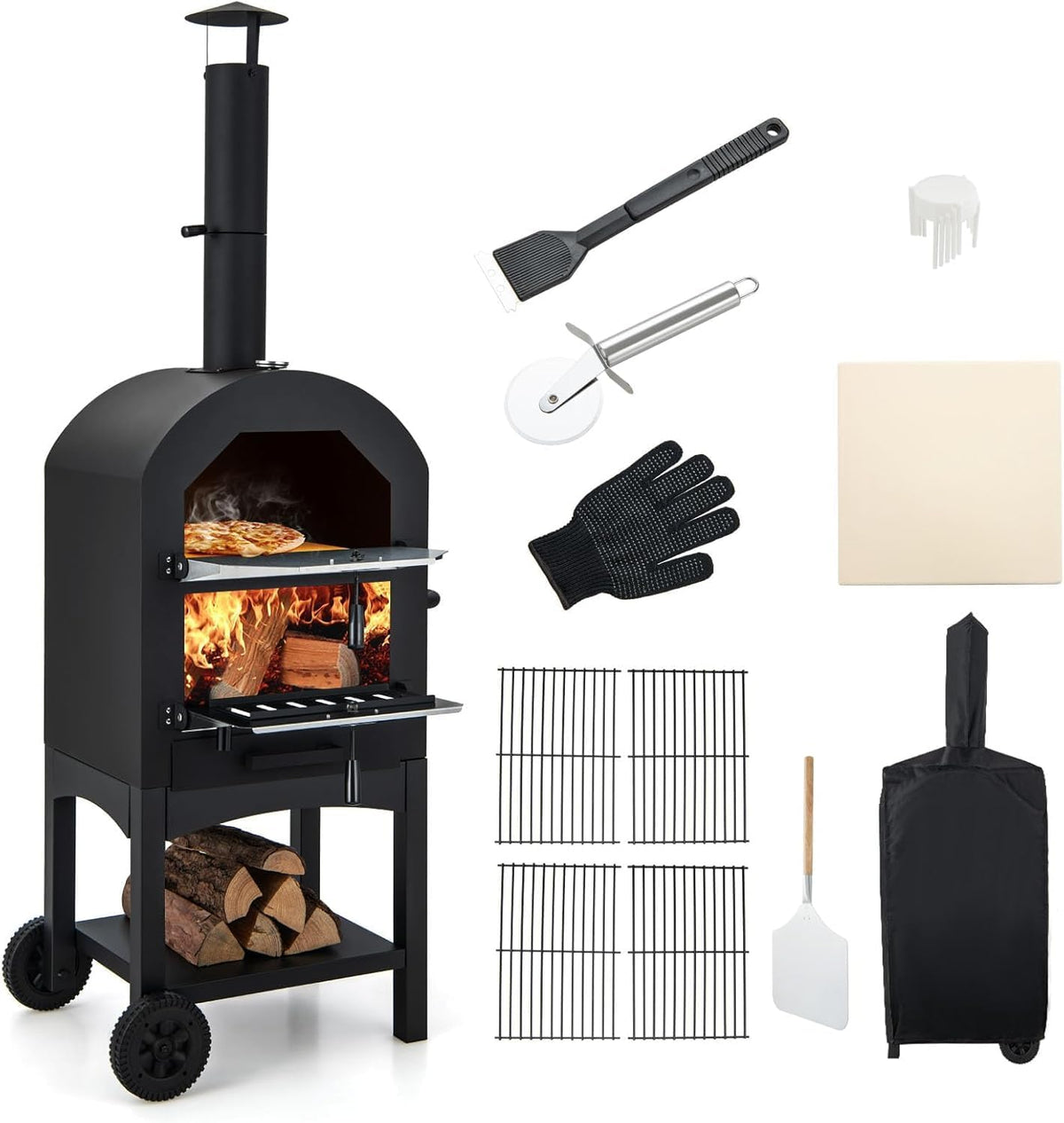 FANTASK Pizzaofen, Metall, PP, Braun, Outdoor mit eingebautem Thermometer, holzbefeuerter mit praktischem Griff