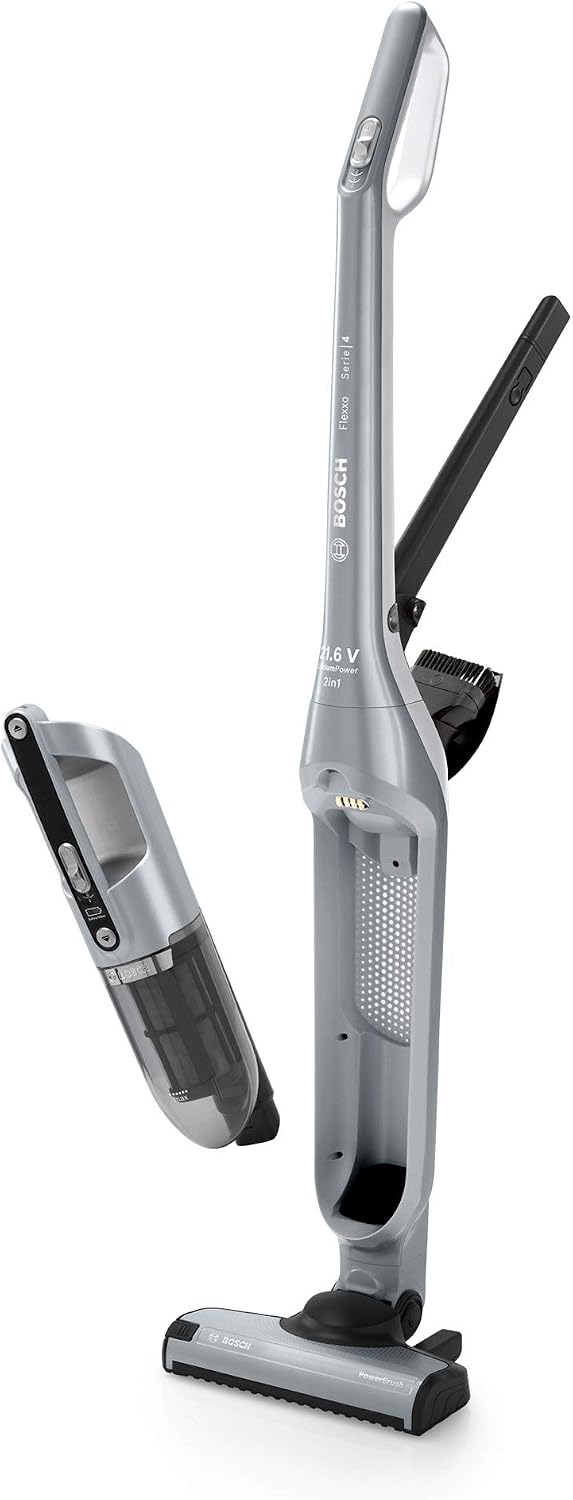 Bosch Staubsauger, Silber, Akku- Flexxo 2in1 Serie 4 BCH3P210, kabelloser Hand, beutellos, hohe Saugleistung, Lange Laufzeit