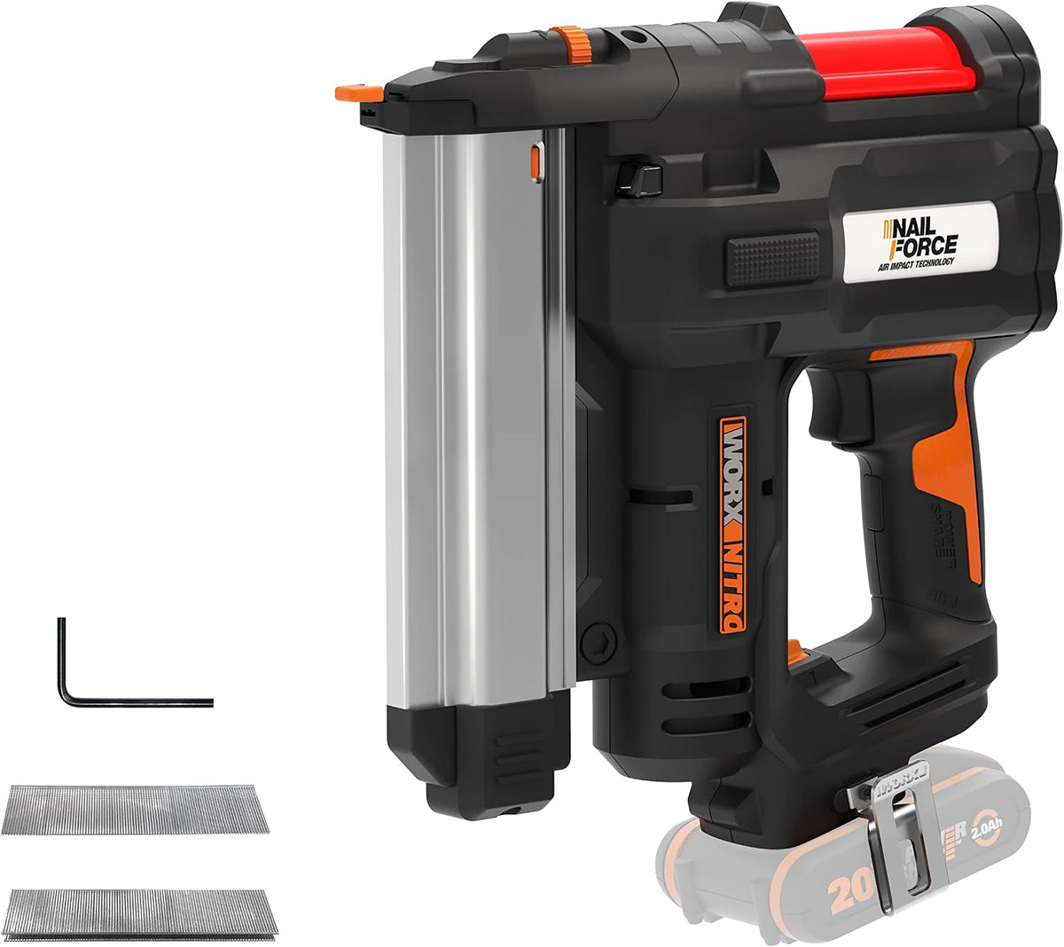WORX Tacker, 50 mm, 40 mm, 20 V, Schwarz, WX840.9 NITRO NailForce Akku Nagler und - 2-IN-1 Funktionen, klammer bis -2 LED-Lampe -ohne Akku & Ladegerät
