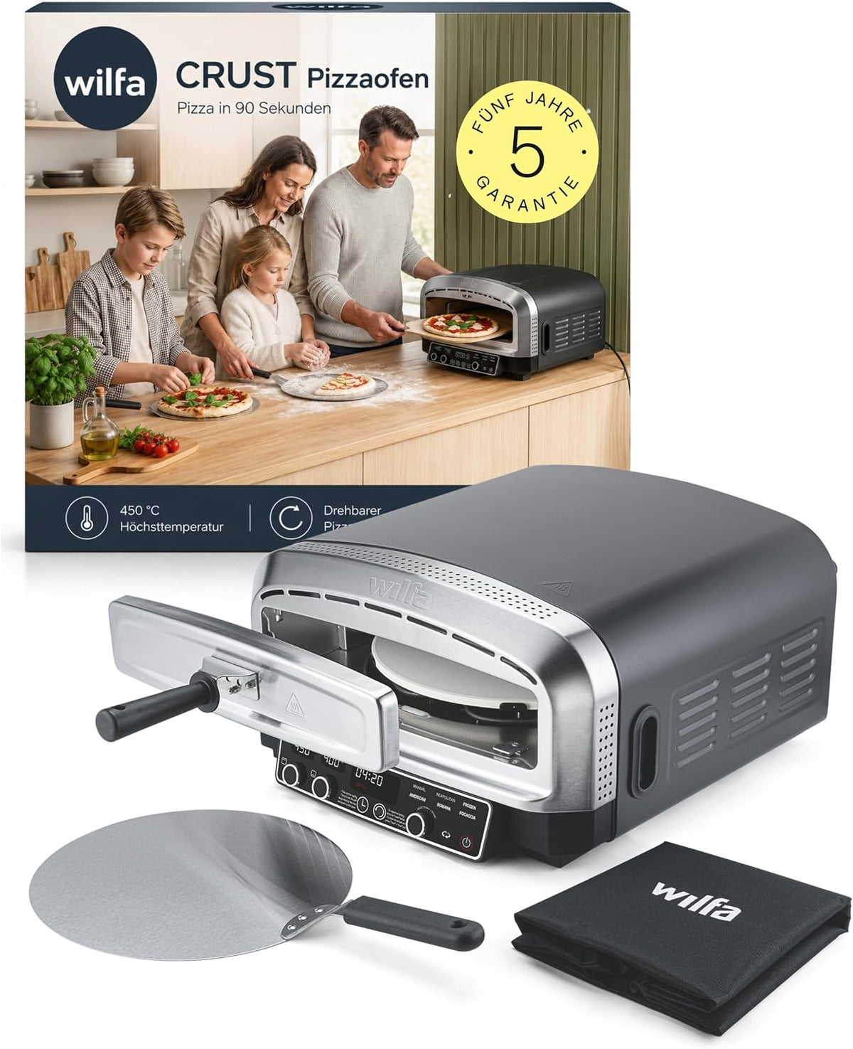 Wilfa Pizzaofen, 2200 W, Schwarz, CRUST Elektrischer I für bis zu 450 °C mit drehbarem 13', Smart Panel & separate Ober-/Unterhitze