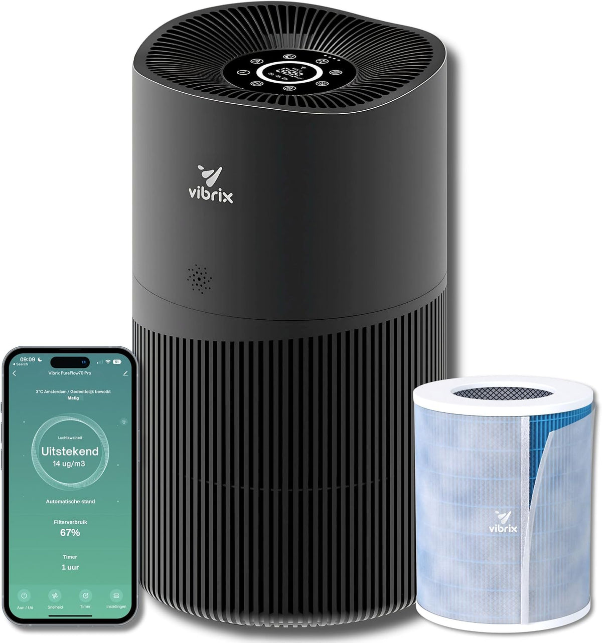 Vibrix Dunstabzugshaube, 150 m, Weiß, PureFlow70 Pro Luftreiniger, HEPA H14, für Räume bis ²