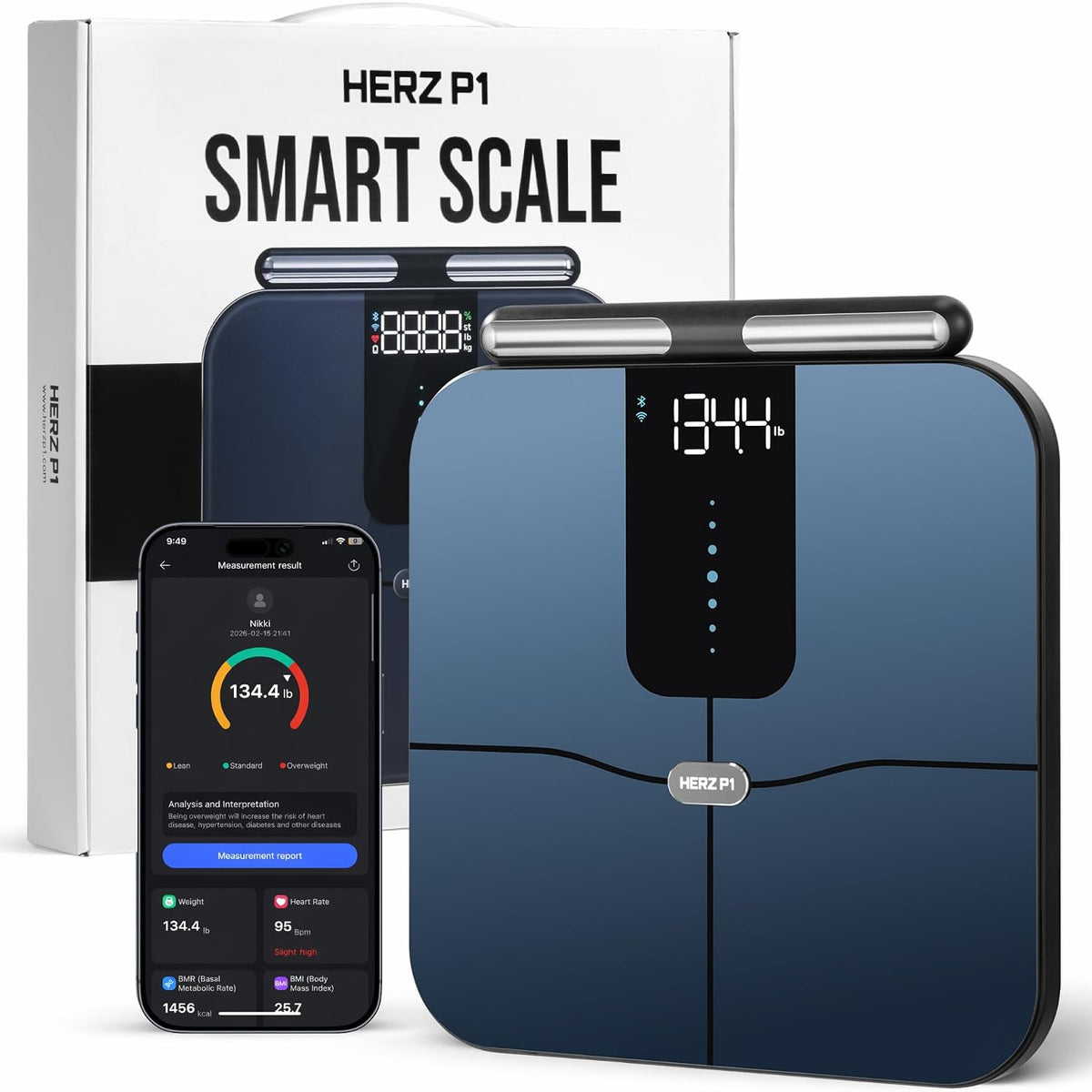 WuzuTech Digitale Personenwaagen, Schwarz, Herz P1 Smart Waage, 8-Elektroden-Körperzusammensetzungswaage mit Griff