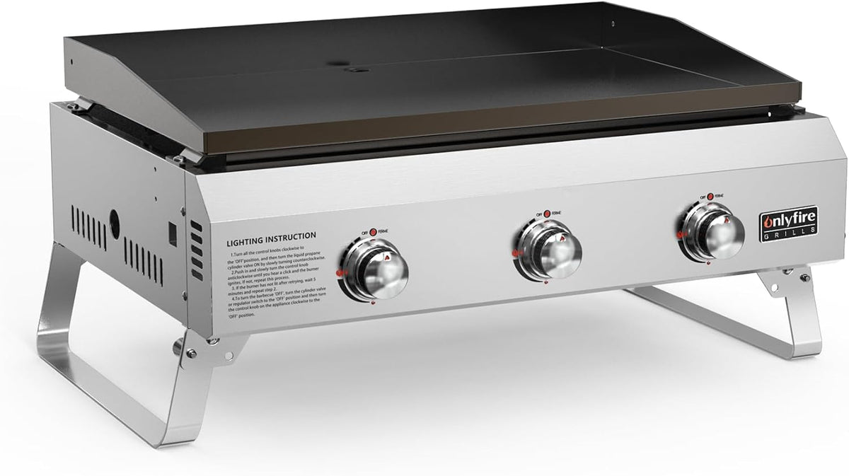 onlyfire Gasgrill, Silber, 3-Brenner Tisch, Edelstahl Plancha