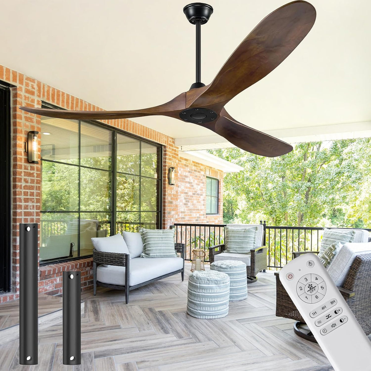 chee-lin Deckenventilator, 72Zoll, 182 cm, Weiß, ohne Licht mit Fernbedienung: en Leise Reversibler DC Motor, 3 Holz Flügeln (Walnussholzfarbe