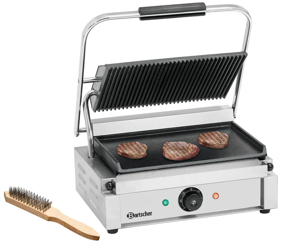 Bartscher Sandwich- & Paninitoaster, 2,2 kW, Schwarz, Elektro-Kontaktgrill Grillplatten oben gerillt, unten glatt Gastronomiebedarf