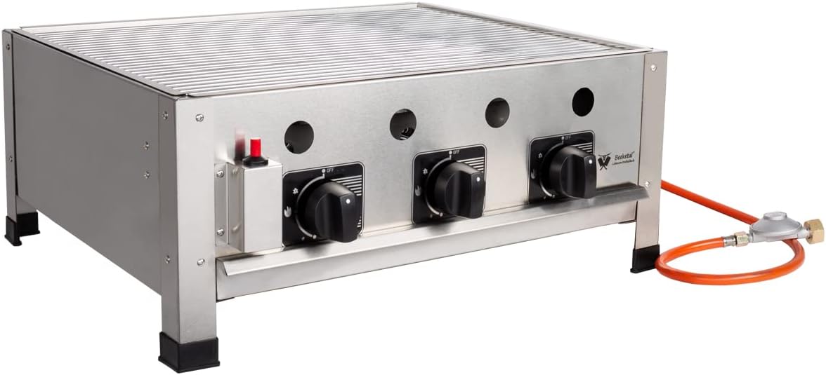 Beeketal Gasgrill, Schwarz, 'GGB-2' Profi Gastrobräter mit Grillrost, 3-flammig, Piezo Zünder, 3 x Gasregler stufenlos