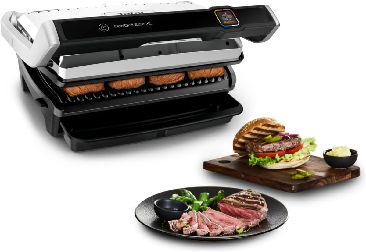 Tefal Elektrogrill, Silber, OptiGrill Elite XL Kontaktgrill, 16 Programme, Digitales Display mit Garstufenanzeige