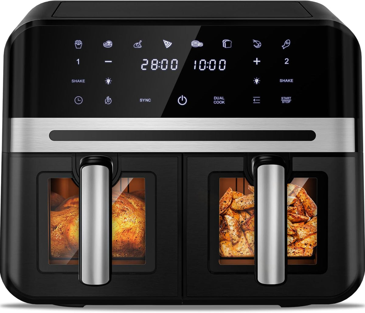 Fukstern Heissluftfritteuse, 9 L, Schwarz, Airfryer, mit Sichtfenster, Heißluftfritteuse 2 kammern, Match & Synchronisierungsfunktion