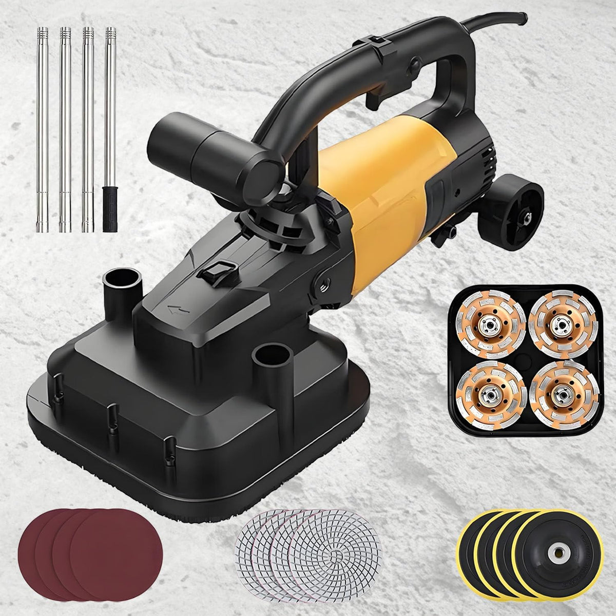 DUMIPME Bodenpoliermaschinen, 3800 W, Schwarz, Betonschleifmaschine, 4 Schleifköpfe, 6‑stufig einstellbar WithRod