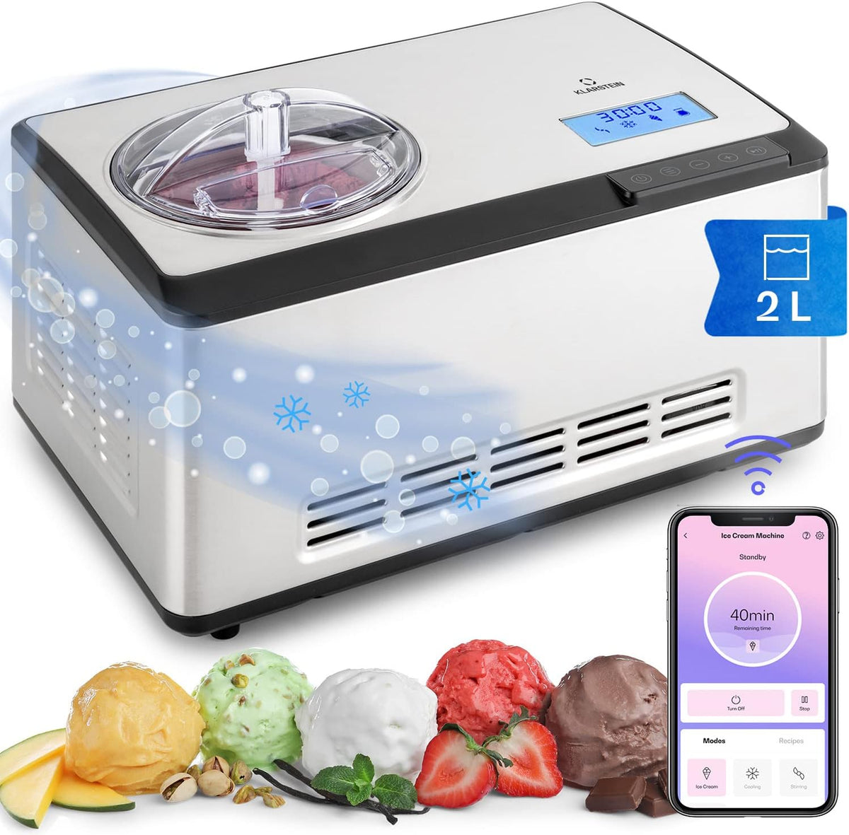 Klarstein Eismaschine, 180 W, Schwarz, Soft für Joghurt, Softeis & Frozen Yogurt, Ice Cream Maker mit WiFi/App-Funktion