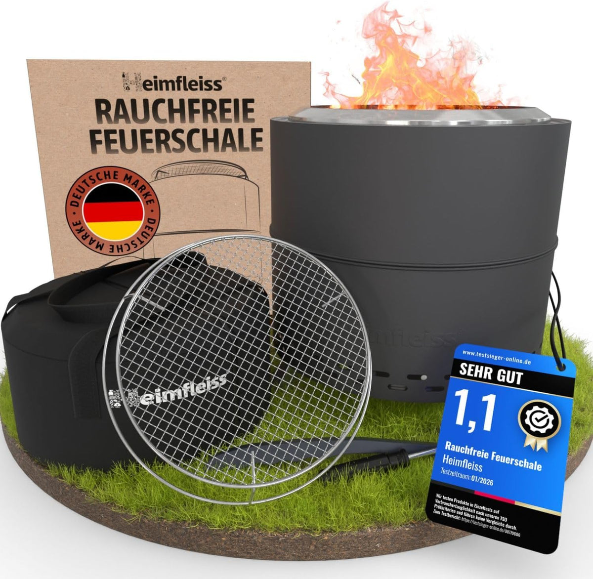 Heimfleiss Feuerschalen & -körbe, 50 cm, Silber, ® Rauchfreie Feuerschale Edelstahl Ø - Grillrost