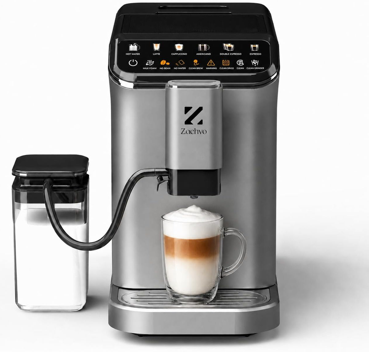 ZACHVO Kaffeevollautomat, 20 Bar, Schwarz/Silber, mit Milchbehälter, 15-stufiges Mahlwerk, Touchscreen, PID-Temperaturkontrolle