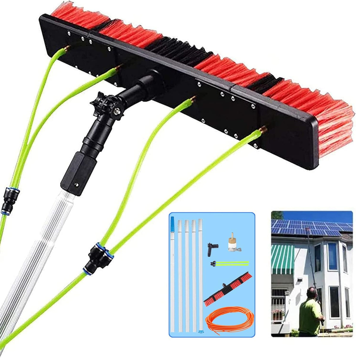 PIURUF Fensterabzieher, 8 M, Schwarz, Fensterreinigung, Wassergespeiste Stangen, Solarpanel-Reinigungsgeräte, Wintergarten-Dach-Reinigungsbürste