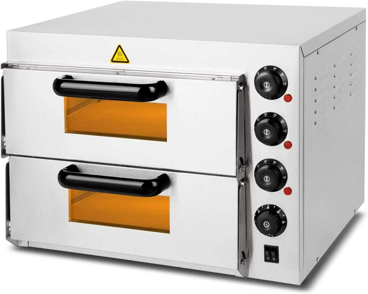 vertes Pizzaofen, 3000 Watt, 3000 W, Silber, Gastro mit Doppelkammer, feuerfestem Stein, Timerfunktion und Beleuchtung