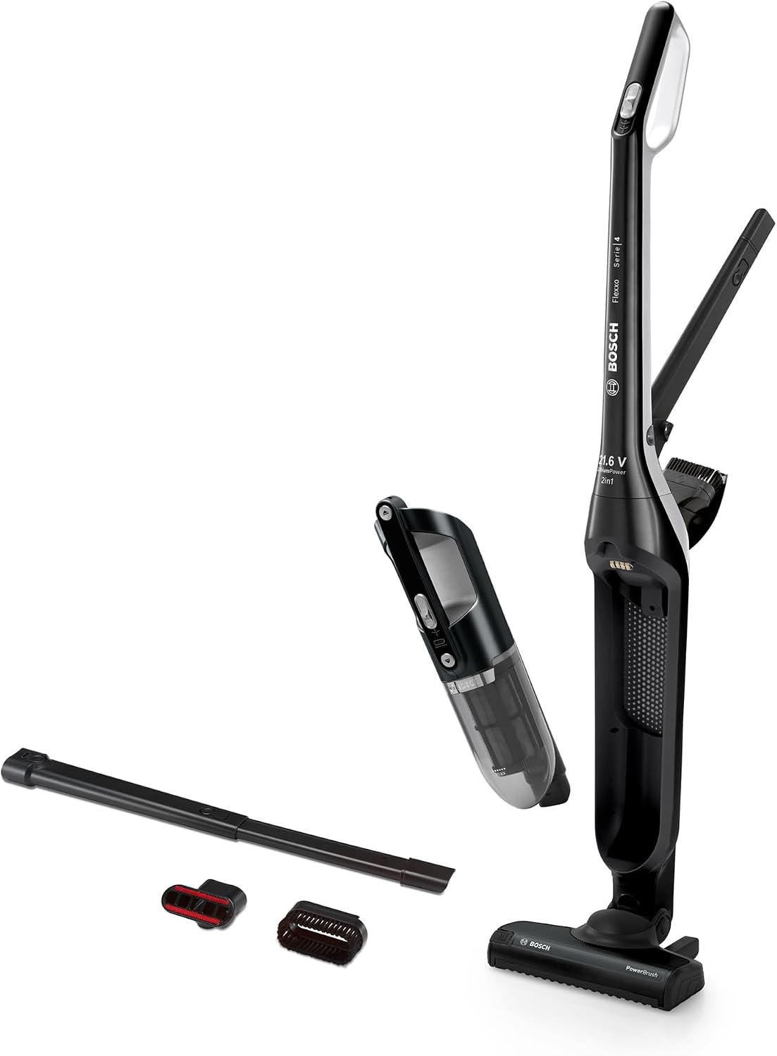 Bosch Staubsauger, Schwarz, Akku- Flexxo 2in1 Serie 4 BBH32101, kabelloser Hand, beutellos, hohe Saugleistung, Lange Laufzeit