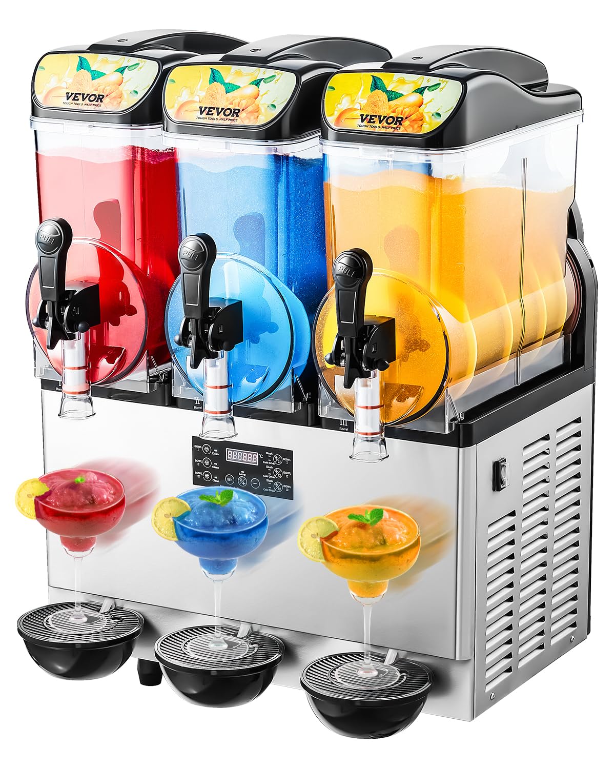 VEVOR Kompressor, 45 L, Silber, Gewerbliche Slush Eis Maschine Slushie-Maker mit 3 Tanks, Crushed Ice-Maschine aus Edelstahl für 180 Tassen Margarita