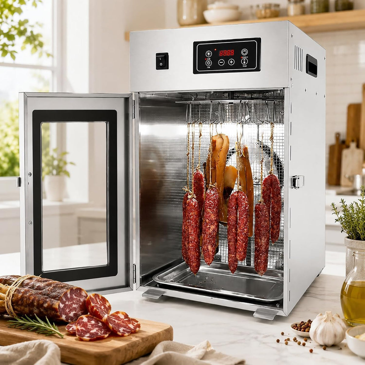 Suyaoquant Wäschetrockner, 340 × 400 × 550 mm, Edelstahl, Grau, Dry AGER Reifeschrank, Fleisch Trockner Für Hausgebrauch Mit 14 Haken