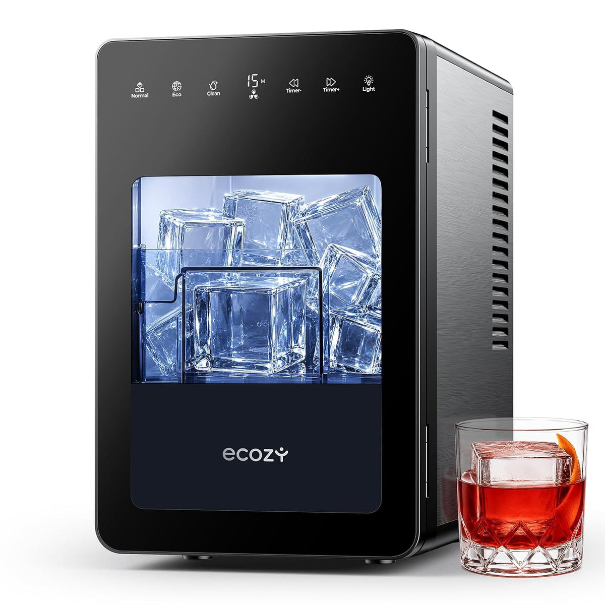 ecozy Eiswürfelmaschine, 50 mm, Schwarz, für Große Klare Würfel, 24h Timerfunktion