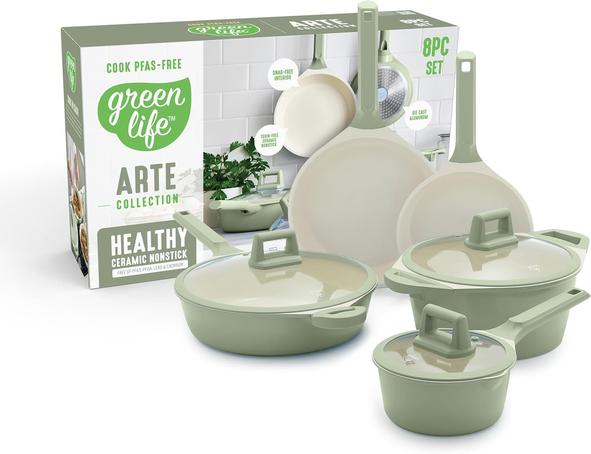 GreenLife, Schwarz, 8-teiliges Keramik-Kochgeschirr-Set, Induktionsgeeignet, ungiftig, PFAS-frei, Töpfe & Pfannen