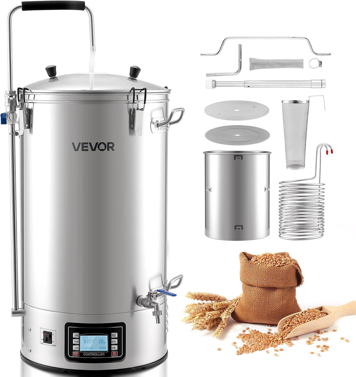VEVOR Braukessel, 60 L, Braun, elektrisches Bierbraugerät Bierbrauanlage Hausgebrauch, Maischekochgerät mit Rezeptspeicher &