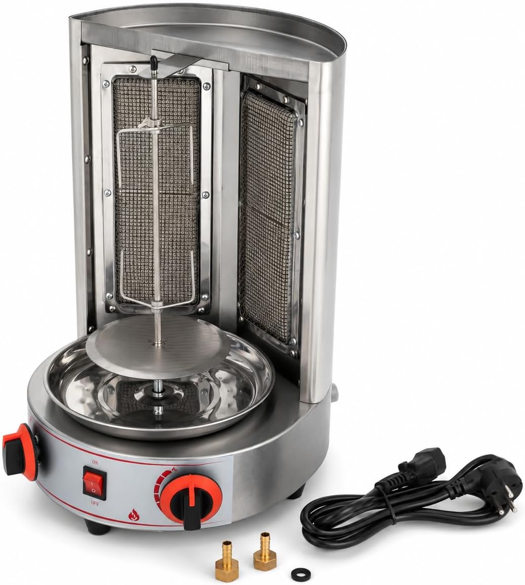 Chensyo Elektrische Tischgrills, 4.3KW, 4300 W, 201 Edelstahl, Silber, Gas Döner Machine, Gas-Rotationsgrill mit 2 Brennern