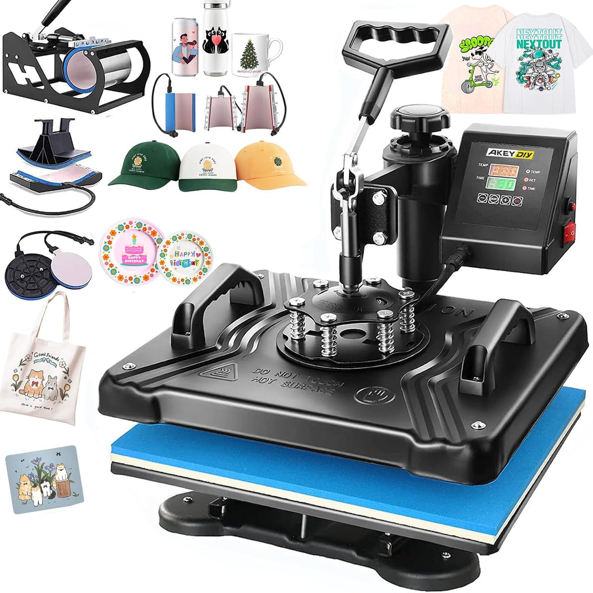 AKEYDIY Druckpressen-Zubehör, 38x30 cm, Schwarz, Transferpresse 8-in-1 Heißpressmaschine, Mehrzweck-Wärmepresse mit 360°Schwenkbar
