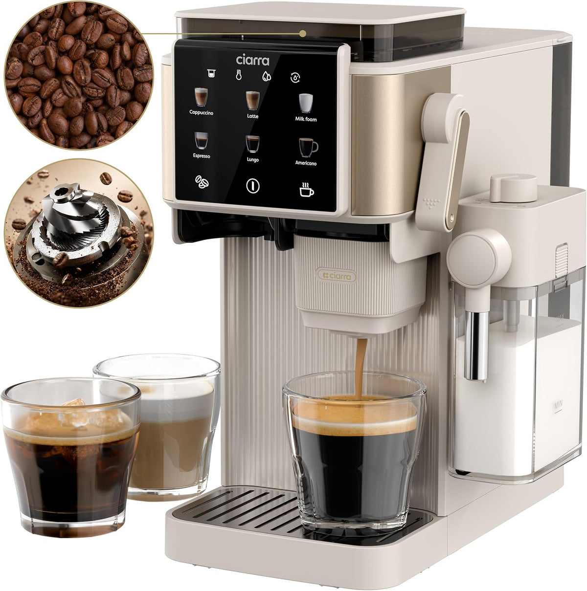 CIARRA Milchaufschäumer, 15 Bar, Schwarz/Silber, CBSACM-D6 Kaffeemaschine mit Mahlwerk