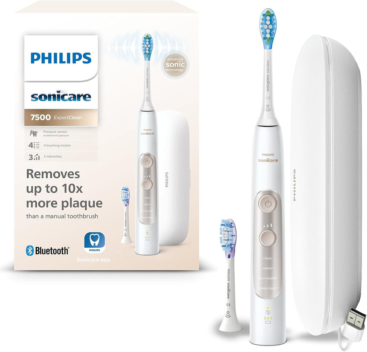 PHILIPS Schall, Weiß/Gold, Sonicare ExpertClean 7500 elektrische Zahnbürste, zahnbürste mit App, 4 Putzmodi und 3 Intensitätsstufen