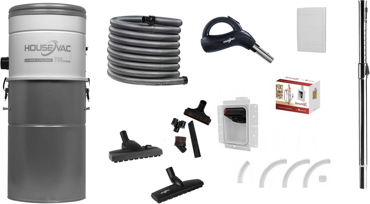 HouseVac Staubsauger, 15.2m, 1700 W, Schwarz, Zentral Set Retraflex Schlaucheinzugsystem, 1x Schlaucheinzug in der gewünschten Länge sowie 1x