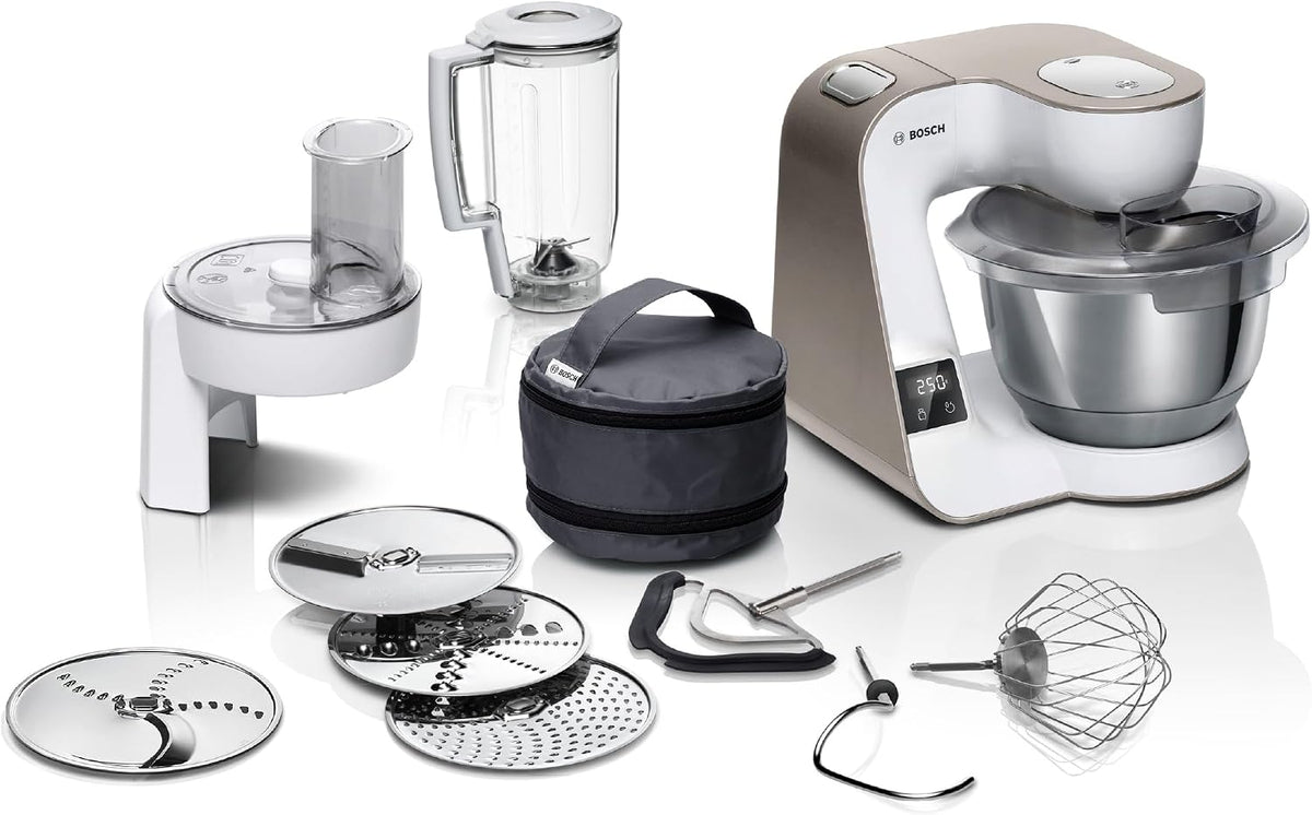 Bosch Heißluftfritteuse, 1,25 L, 1000 W, 3,9 L, Silber/Weiß, Küchenmaschine Serie 4, integrierte Waage, Mixer, Edelstahl-Schüssel