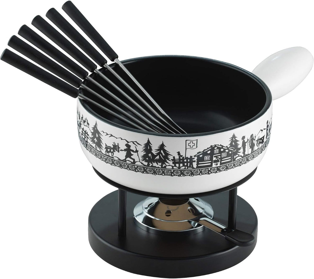 KUHN RIKON Kochfeld, Weiß, Käsefondue Set Alpenweide, 23 am, aus Ton, Induktionstauglich, inkl. Rechaud, Pastenbrenner und Gabeln