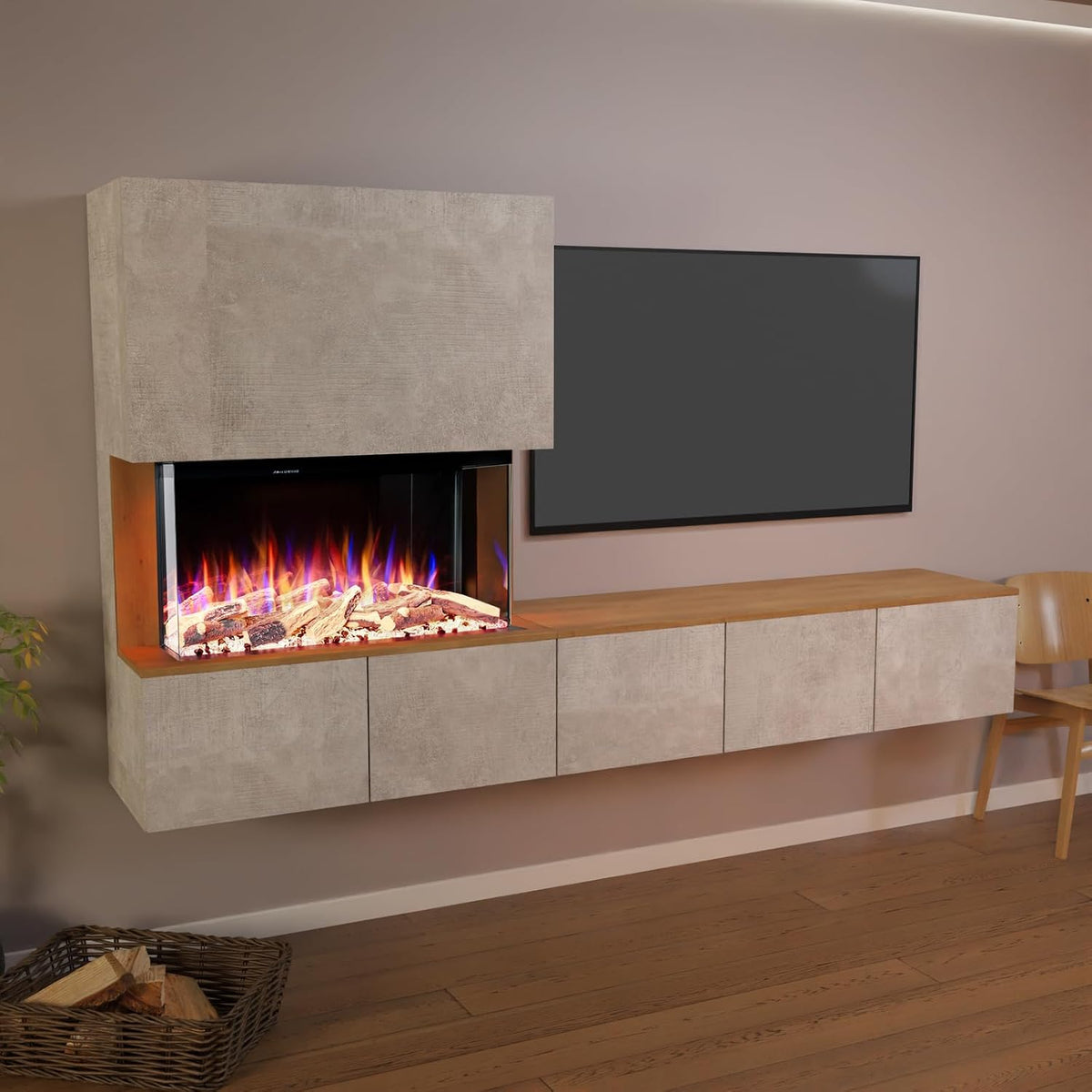 GLOW FIRE Elektrokamin, 250x139.5x42.4 cm, 1500 W, Braun, Kamin Fernsehwand CW5 rechtsoffen mit realistischem 3D