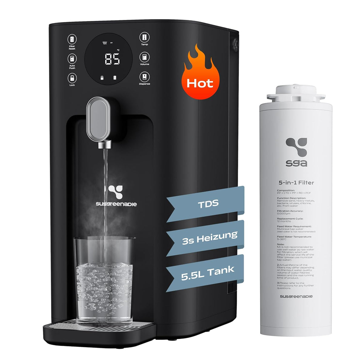 CIARRA Monitor, Schwarz, X SusGreenable Wasserfilter, Umkehrosmoseanlage Wasserreiniger, Keine Installation tragbarer 5-stufige Filter 2:1 Rein zu