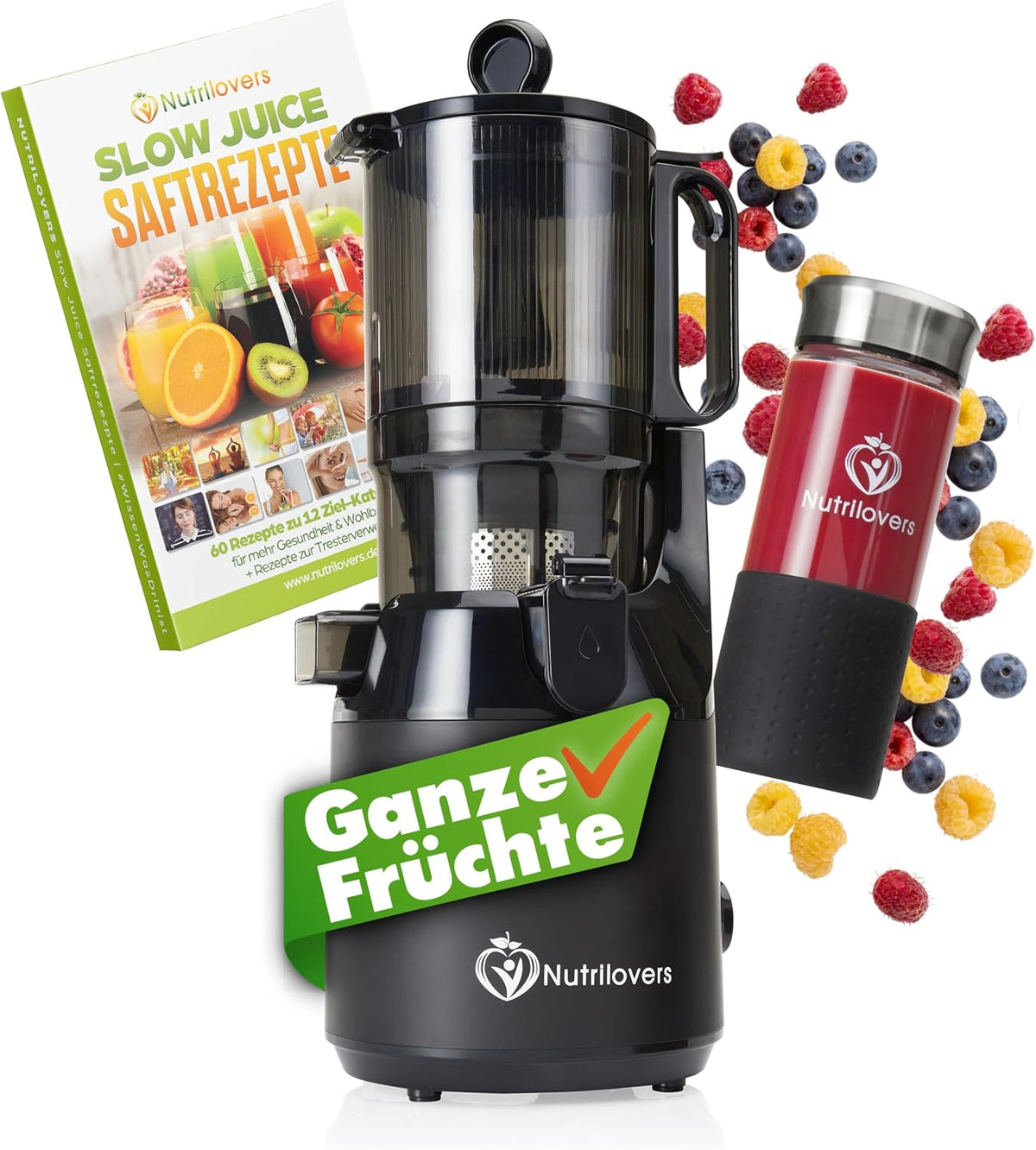 Nutrilovers Mastizier-Entsafter mit einer Schnecke, Schwarz, Slow Juicer NUTRI-PRESS MAX Ganze Früchte entsaften