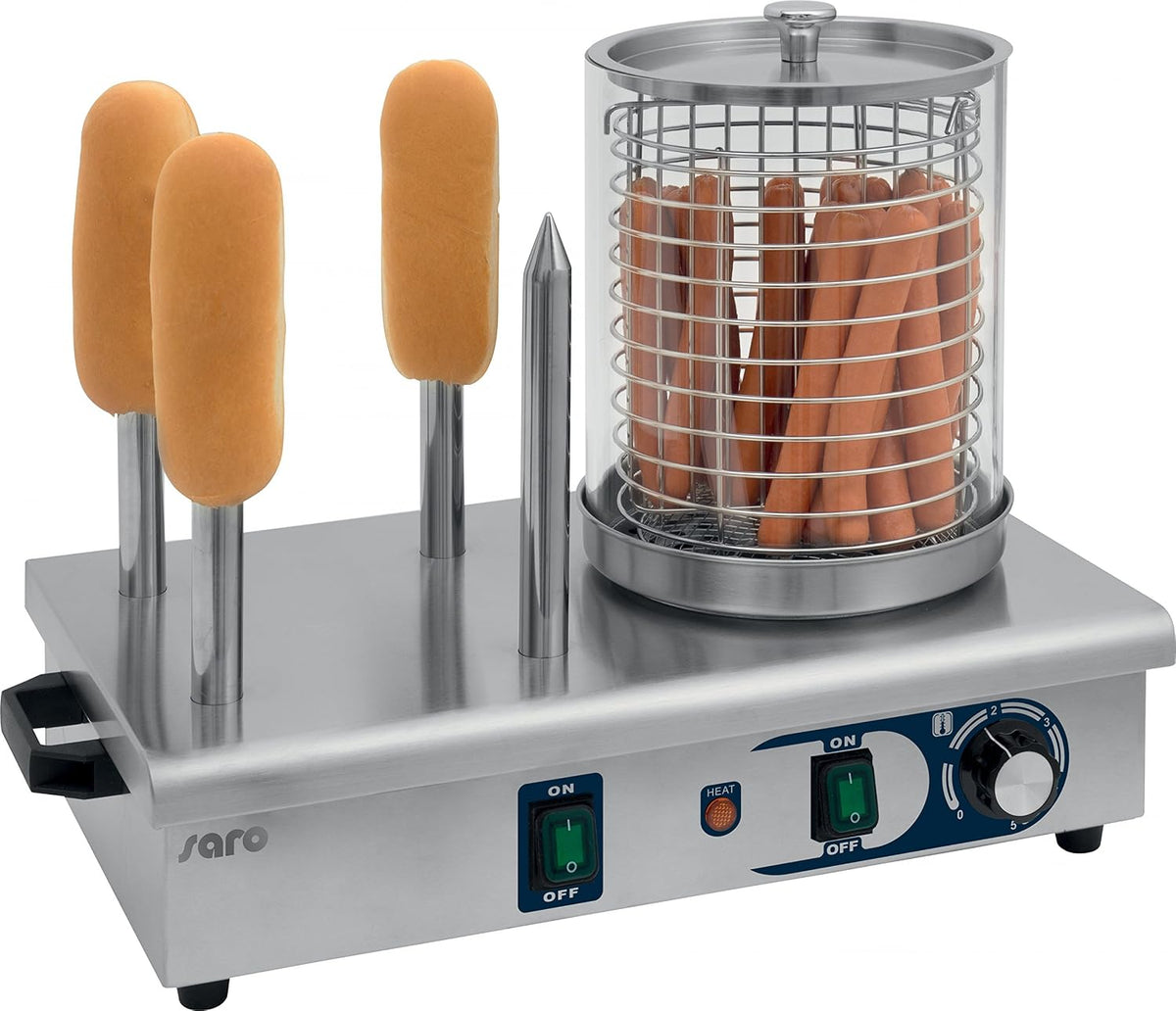 Saro Buffetschrank, 0,65 kW, 410 mm, Silber, Hot-Dog-Maker, Mit Glaszylinder & 4 Toaststangen, Edelstahl, Thermostat 0