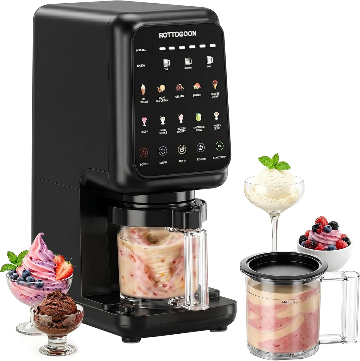 ROTTOGOON Eismaschine, Schwarz, 10 Funktionen mit Mix In Funktion & Selbstreinigend