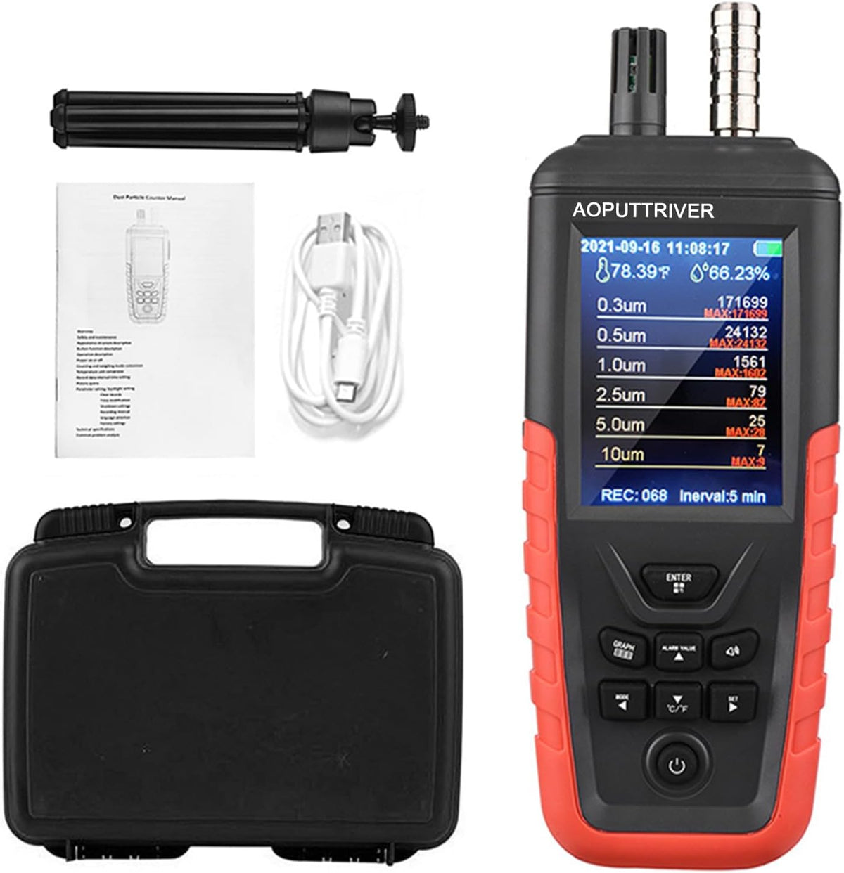 AOPUTTRIVER Monitor, Schwarz, Luftqualitäts, CO2 Messgerät, Partikelzähler Home Air Quality Tester mit 6-Kanal