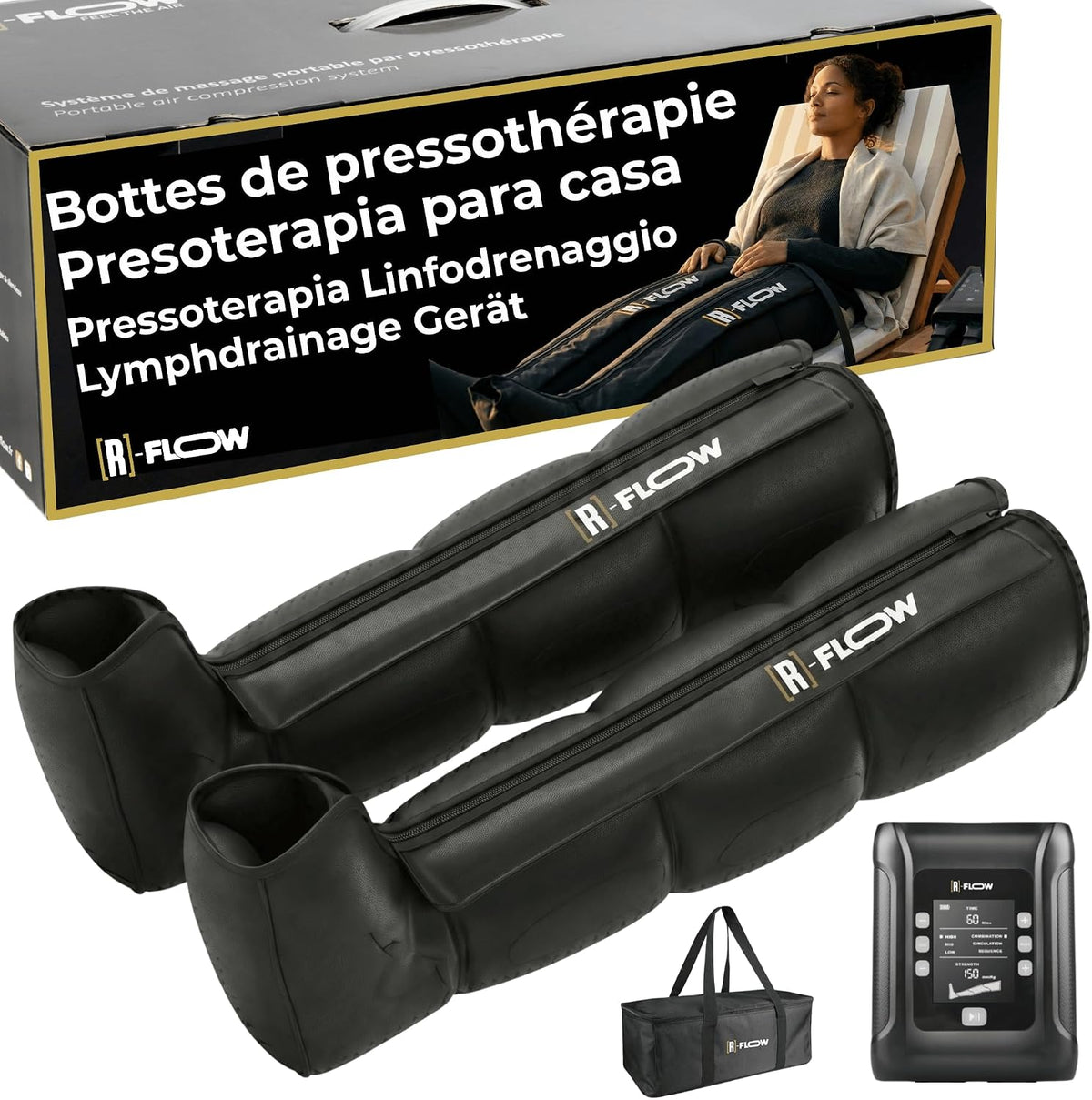 [R]-Flow Handmassagegeräte, Schwarz, Massagegerät Beine Füße 4 Zonen, 3 Programme, Lymphdrainage Gerät, Cellulite Massagegerät