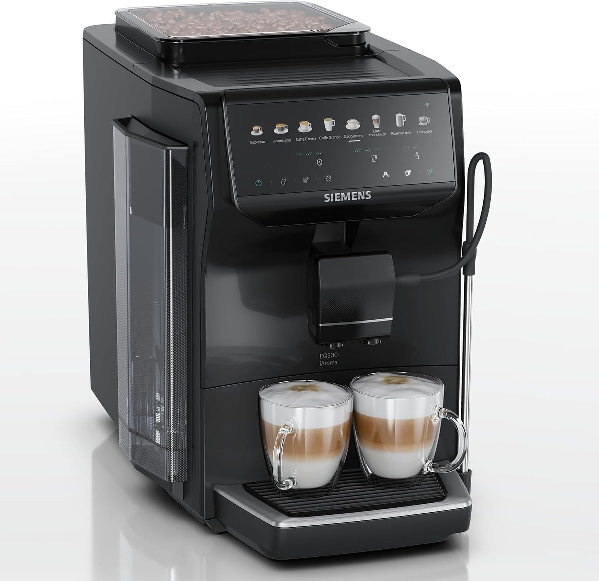 Siemens Kaffeevollautomat, Schwarz, EQ500 iAroma mit integriertem Mahlwerk, Touchdisplay für 8 Getränke und schnelle Personalisierung