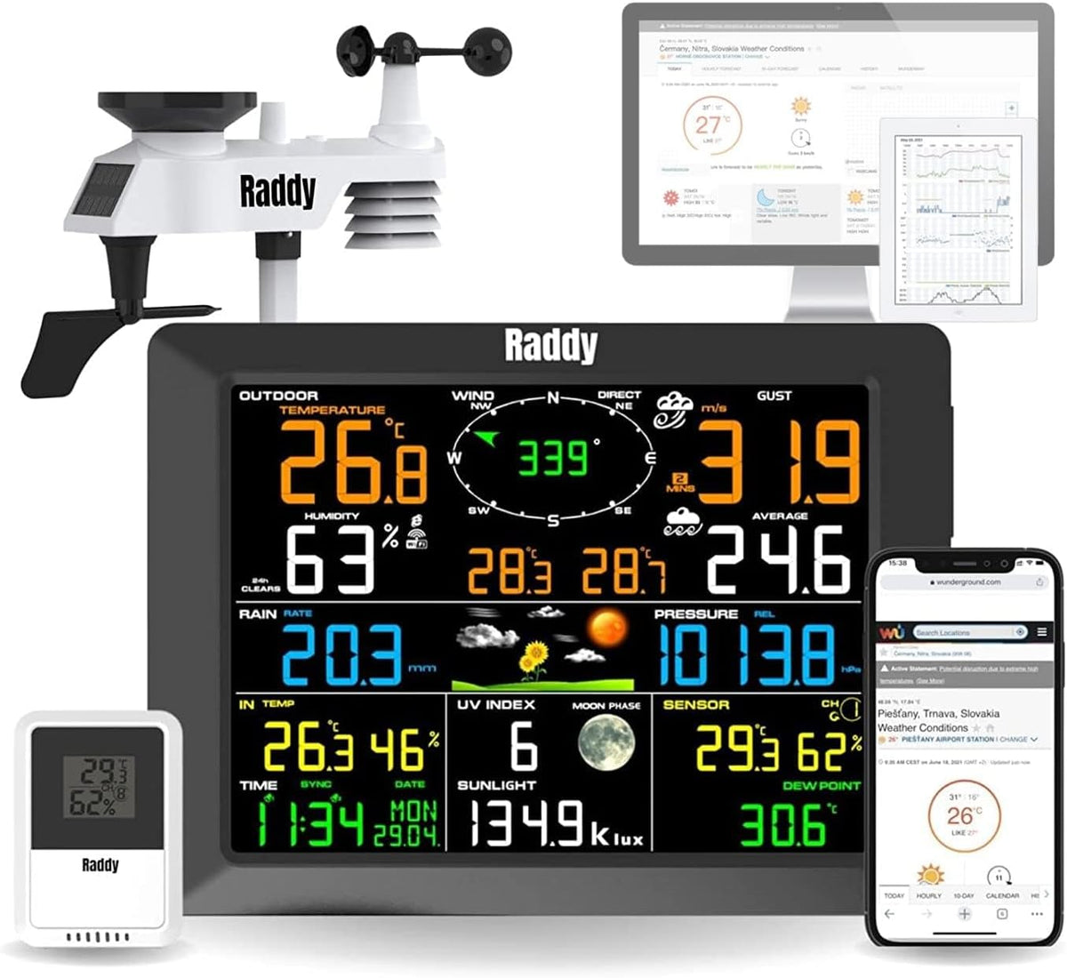 Radioddity Wetterstationen, Schwarz, Raddy WF-100C Wetterstation mit Außensensor Funk, 14-IN-1 digitales Wlan Innen-Außenthermometer