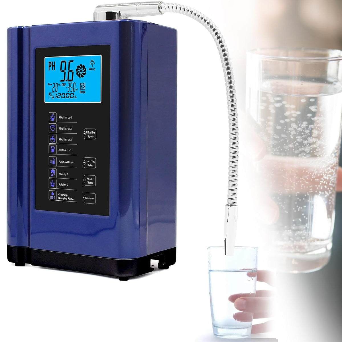 WBDBINGL Wasseraufbereiter, Blau, Alkalischer Wasserionisierer Mit 7 Wassereinstellungen, Orp Bis Zu +400~-500 Mv