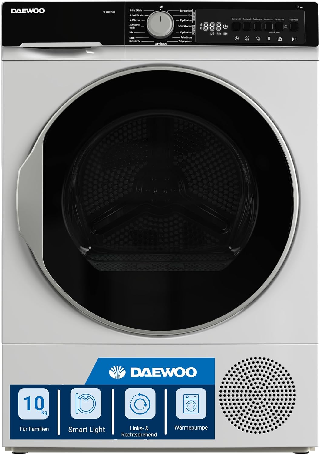 Daewoo Wärmepumpentrockner, 10 kg, Weiß, TD-C0GG1WD0-DE, LED-Display & DrumLight, Knitterschutz, 15 Programme inkl. BabyCare & Sport
