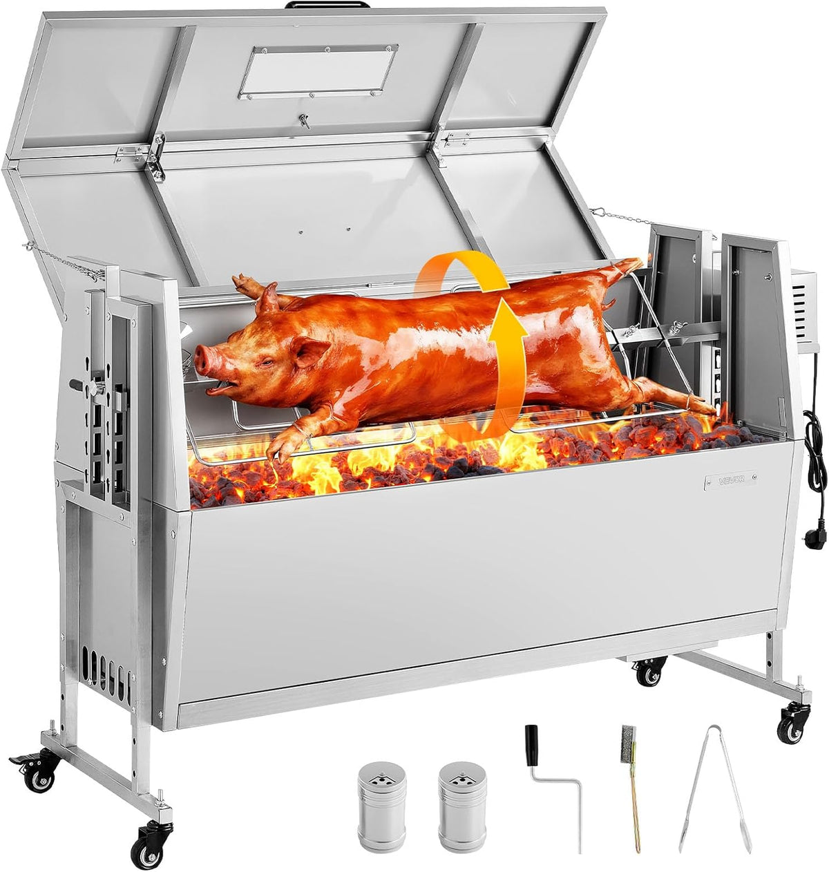 VEVOR Holzkohlegrill, 1168,4 mm, 60 kg, 38 W, Silber, Drehspießgrill Spanferkelgrill Lammgrill ( Grilllänge)