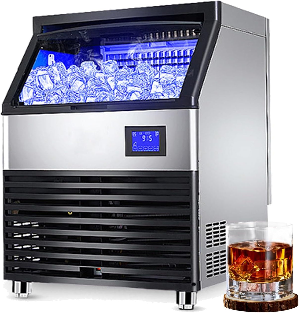 ZPRMMN Eiswürfelmaschine, 650 W., 126 W, Edelstahl + ABS, Silber, Kommerzielle, selbstreinigend, aus Edelstahl